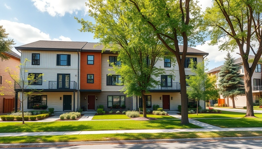 Modern fourplex in a suburban neighborhood with lush greenery.