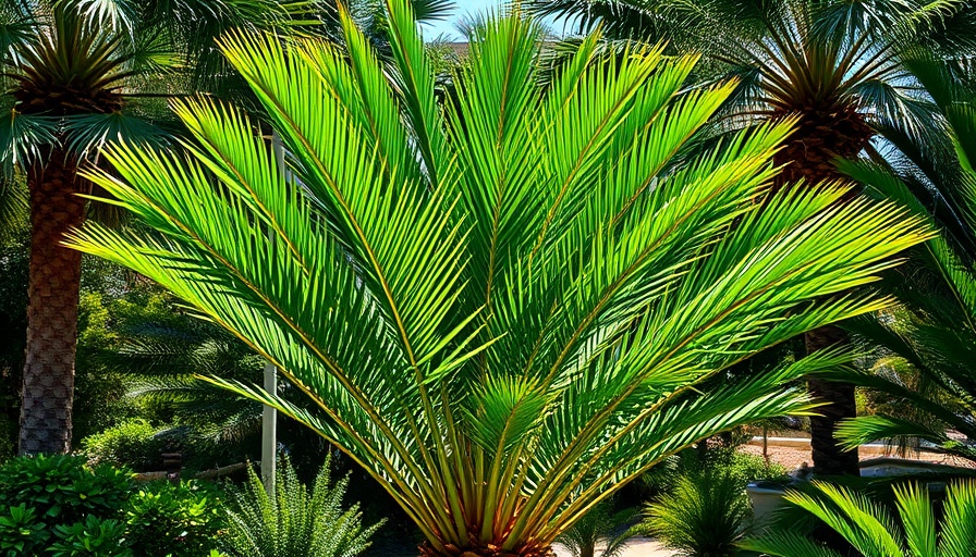 Lush Mediterranean fan palm in sunlit garden setting.