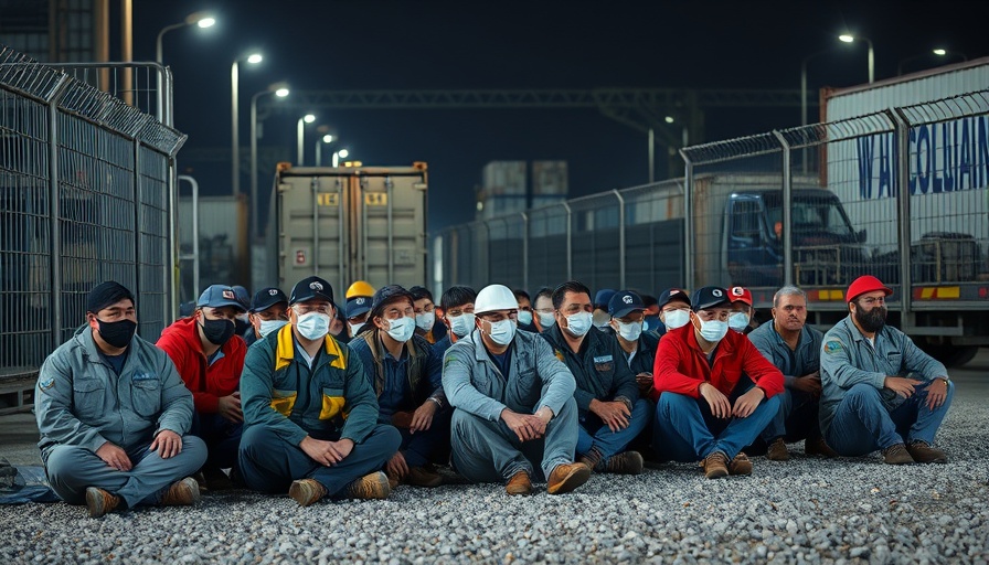Masked workers seated at night in an industrial setting.