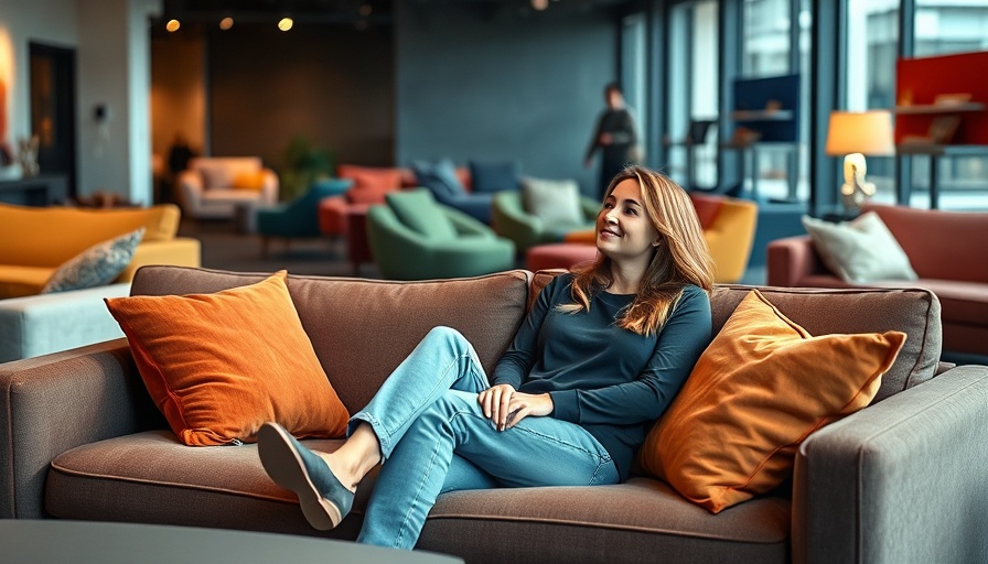 Woman testing new Stockholm sofa in a showroom.