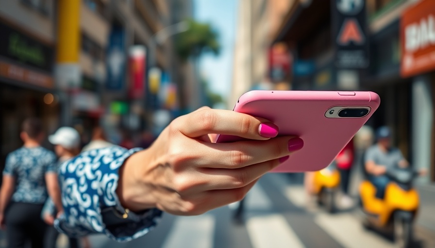 Hands holding pink iPhone on city street, vibrant nails, iPhone hacks.