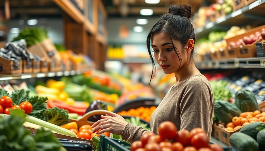 Young woman shopping for produce, highlighting UK and Eurozone inflation disparity.