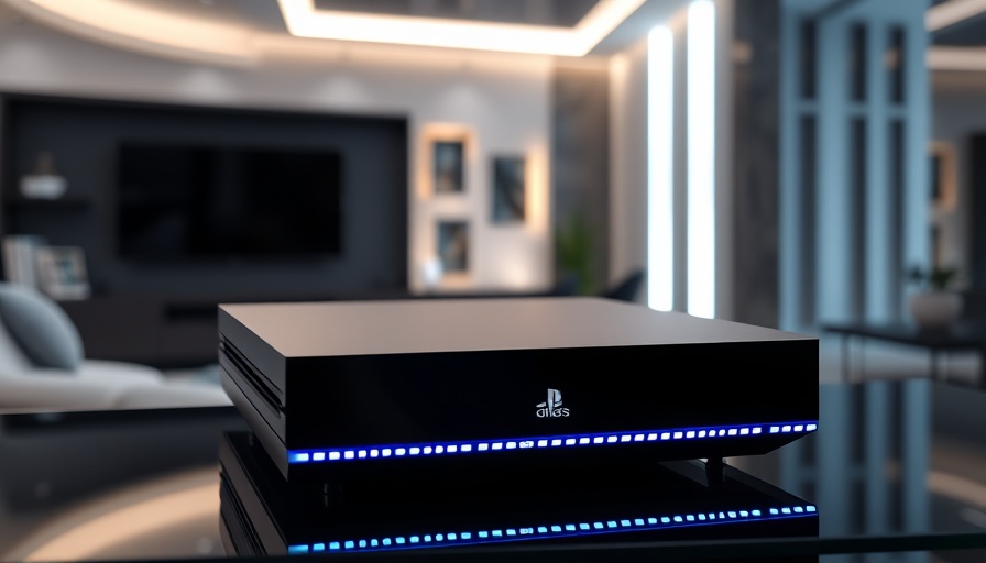 Futuristic gaming console with LED lights on modern shelf.