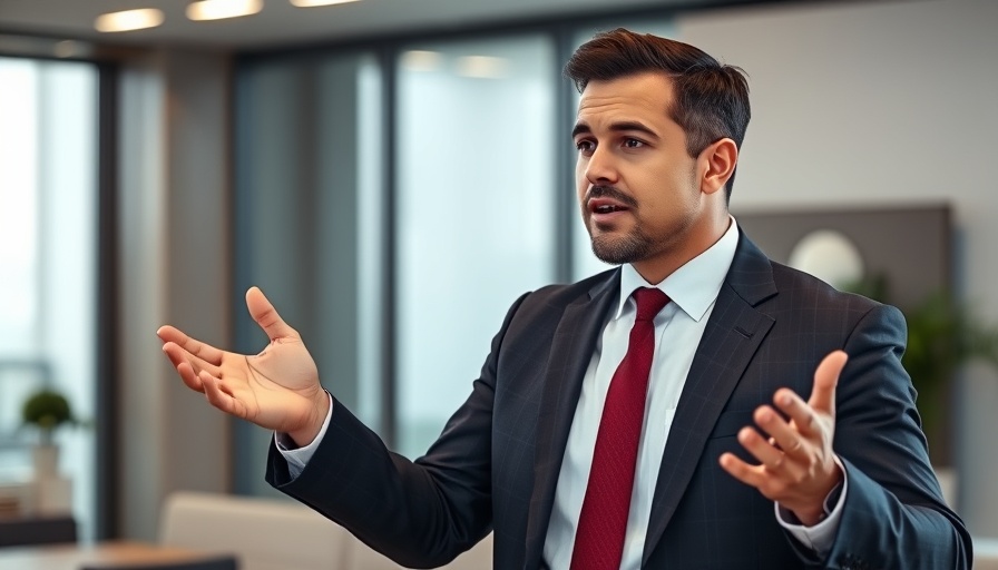 Professional in suit giving advice in modern office setting.
