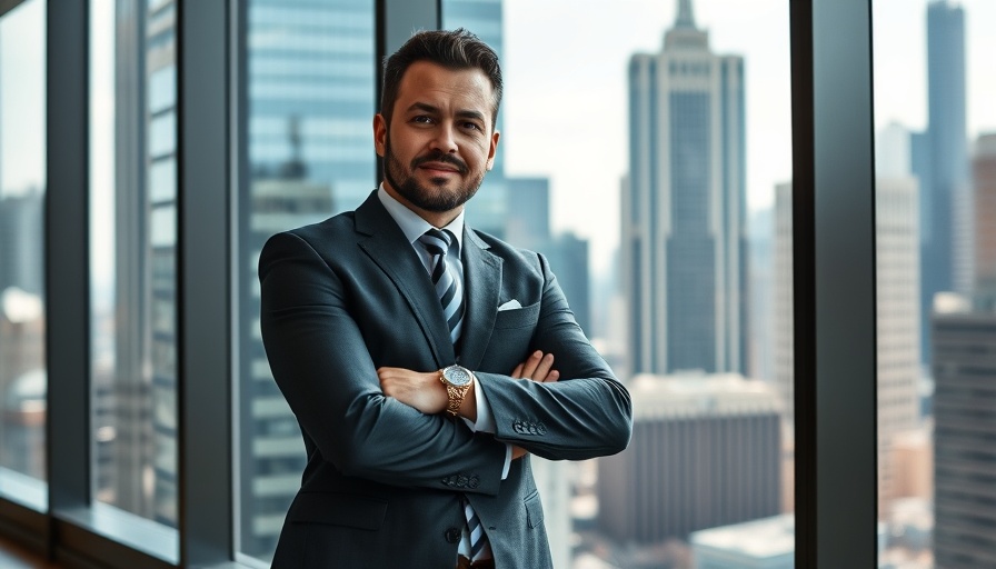 Confident businessman posing in an office with cityscape.