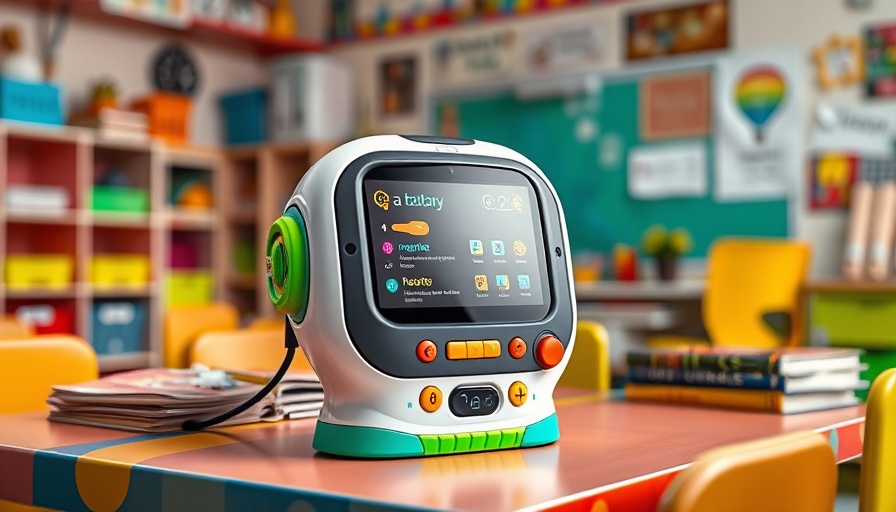 AI-powered language learning device for children in vibrant classroom.