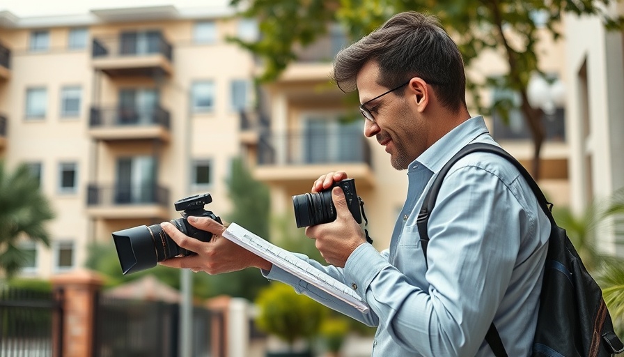 Real estate appraisal: appraiser photographing property with blueprint.