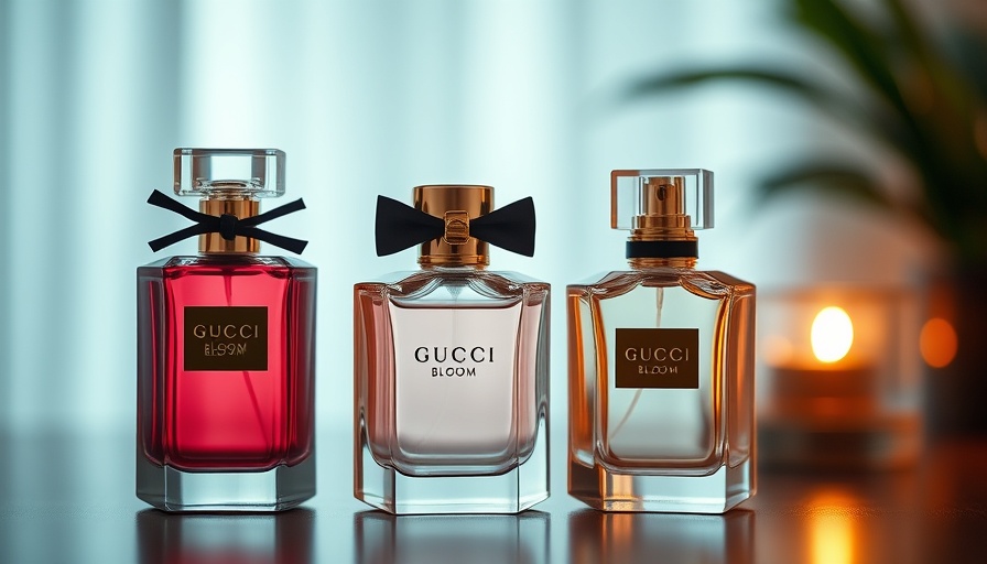 Elegant Gucci Bloom perfume bottles contrasting with Coty sales forecast.