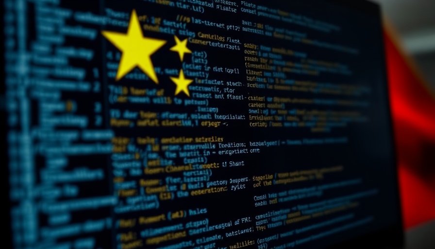 Screen with code and Chinese flag, illustrating cybersecurity theme.