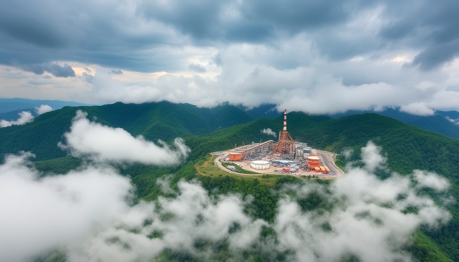 Aerial view of copper plant amidst green hills under cloudy skies.