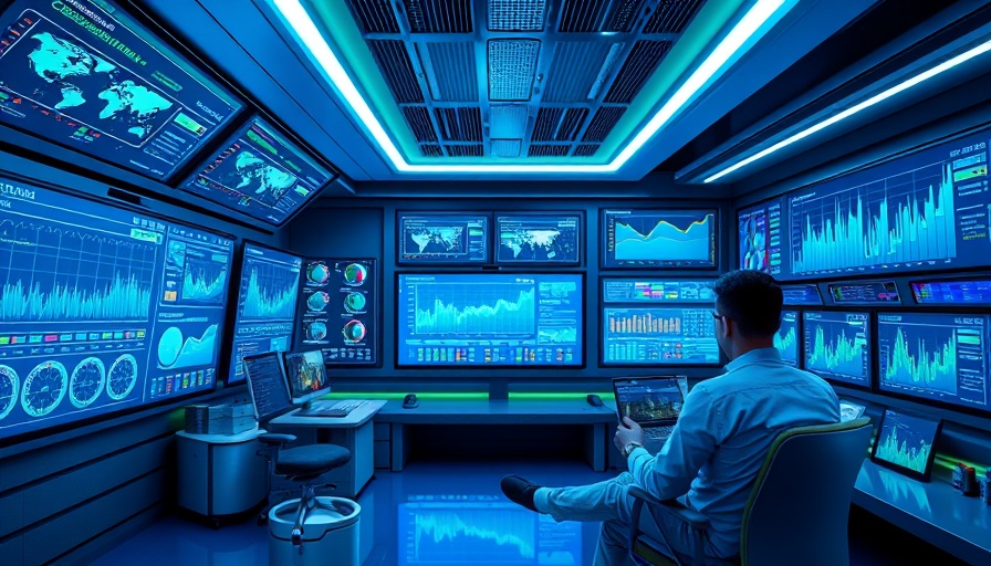 Person analyzing data on screens in a high-tech office.