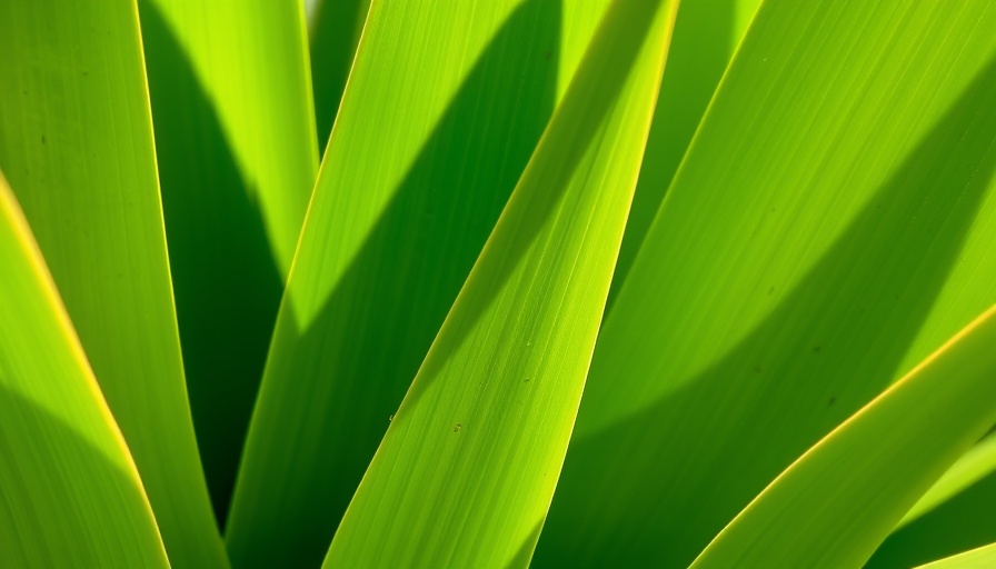 Close-up of yucca plant leaves with black spots in sunlight.