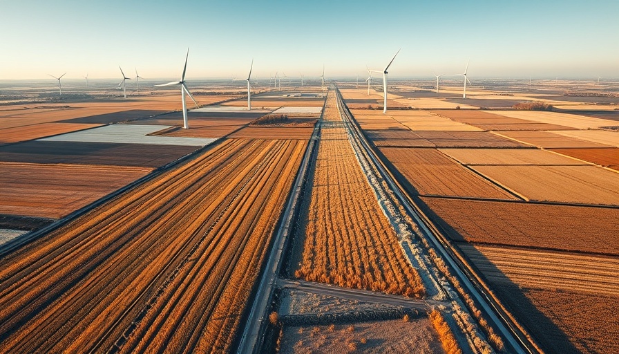 Aerial view of wind turbines over fields, symbolizing local climate health stories.