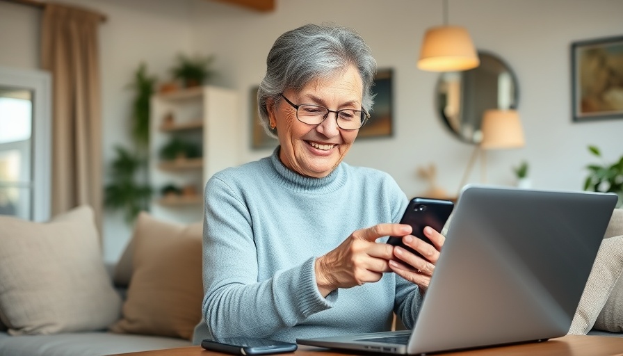 Senior woman using AI technology at home, enhancing senior living.