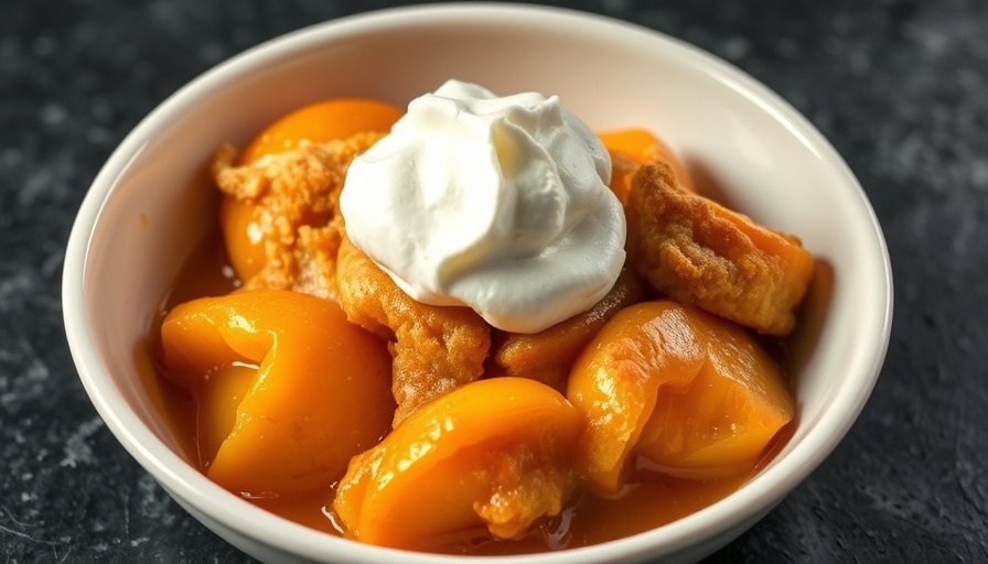 Mouthwatering peach cobbler recipe in a bowl with whipped cream