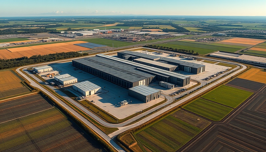 Aerial view of a sprawling data center complex in a rural landscape.
