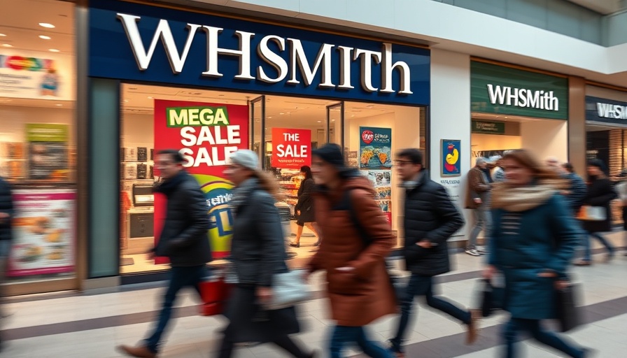 WHSmith store with blurred pedestrians and sale signs, highlighting impact.