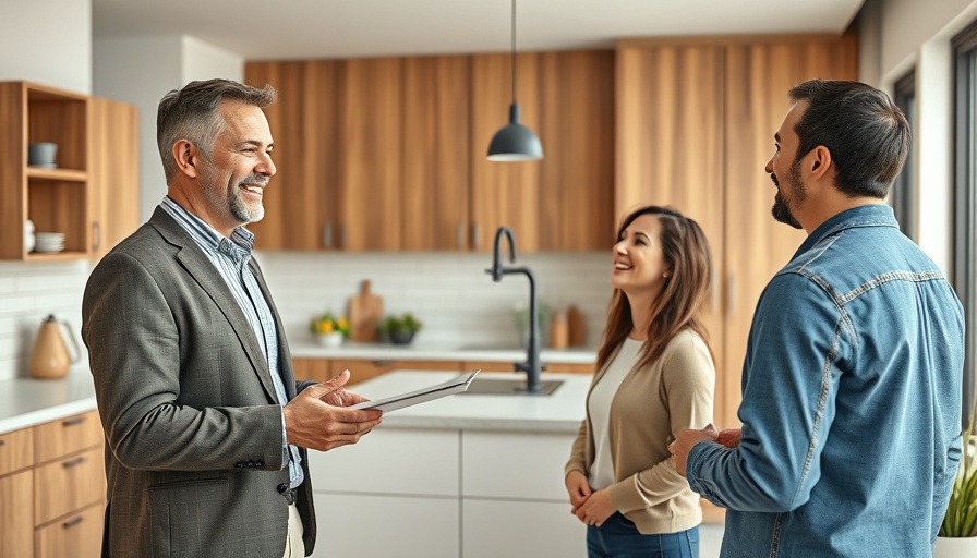 Real estate agent discussing buyer concessions in modern kitchen with couple.