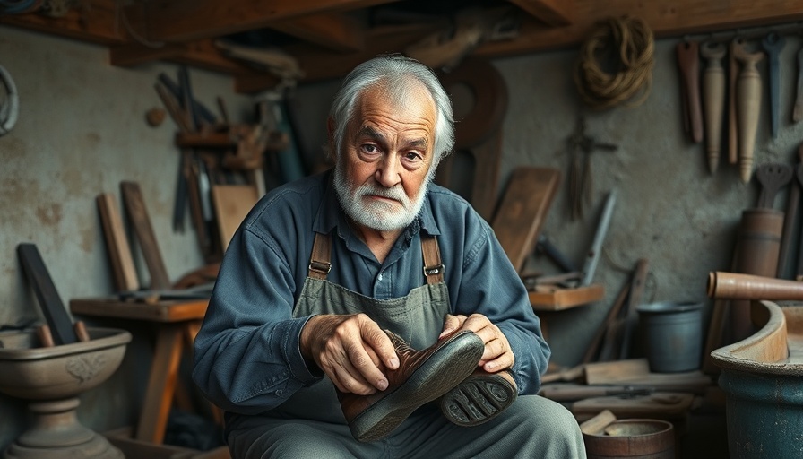 Traditional craftsman working in rustic shoe workshop.