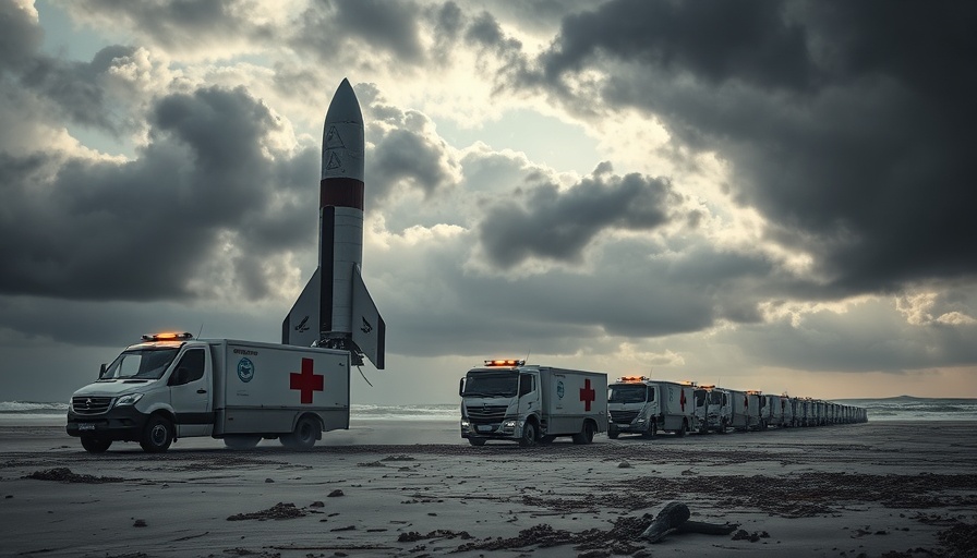 Futuristic rocket with medical trucks on storm-laden beach, cargo transport from orbit to Earth.