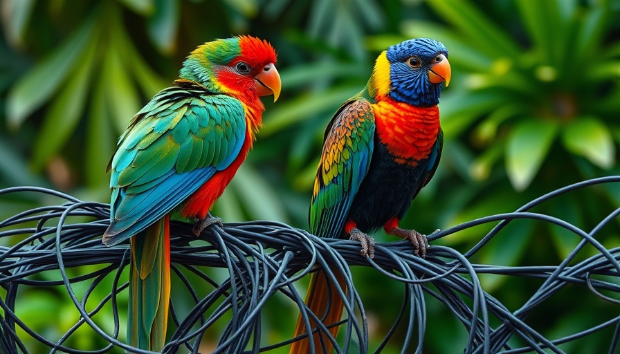 Tropical birds on wires with lush background.