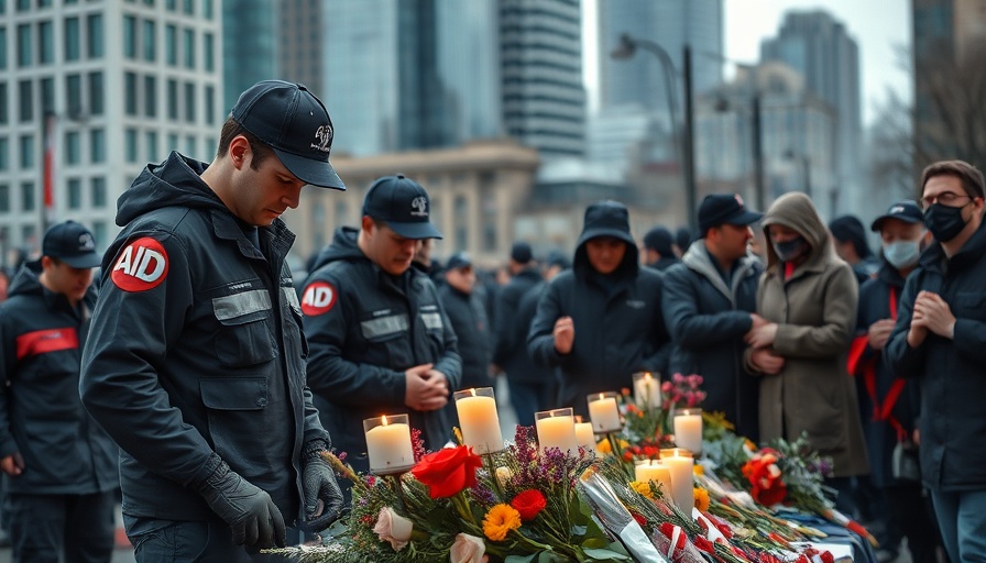 Somber memorial ceremony for aid worker deaths 2025 in urban setting.