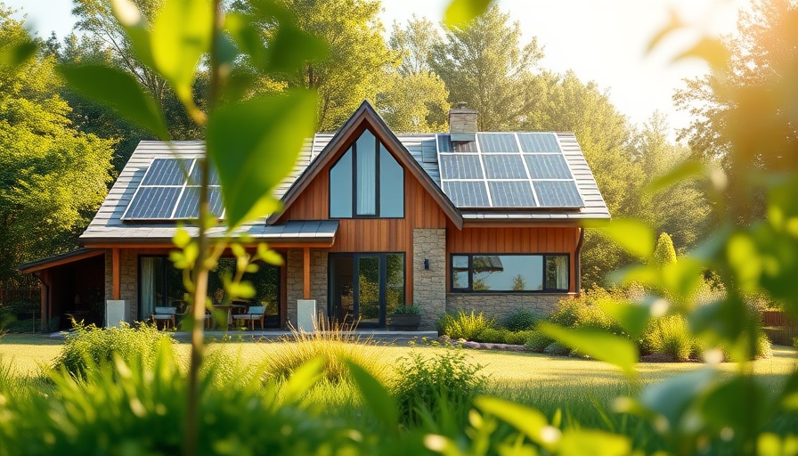 Eco-friendly home with solar panels surrounded by greenery.