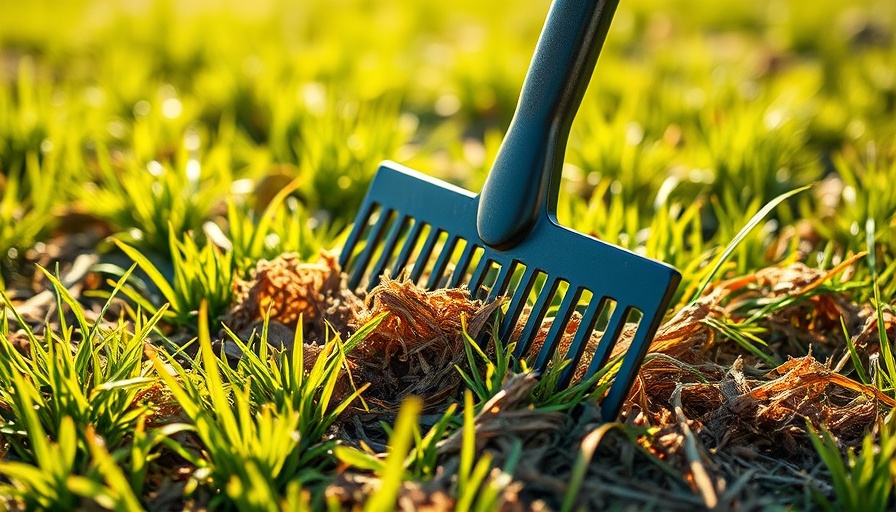 Close-up of a dethatching rake on lawn, grass and thatch.