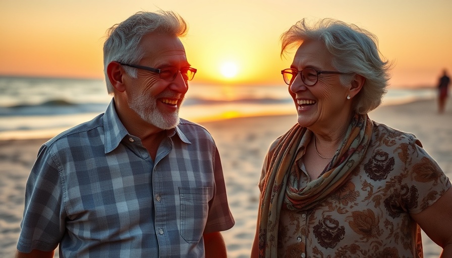 Older adults enjoying a laugh on a beach at sunset.