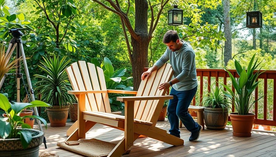 DIY furniture projects: man showcasing unique wooden chair design outdoors.