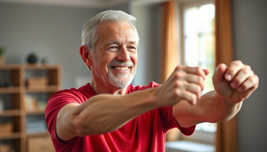Senior performing isometric exercises indoors, smiling.