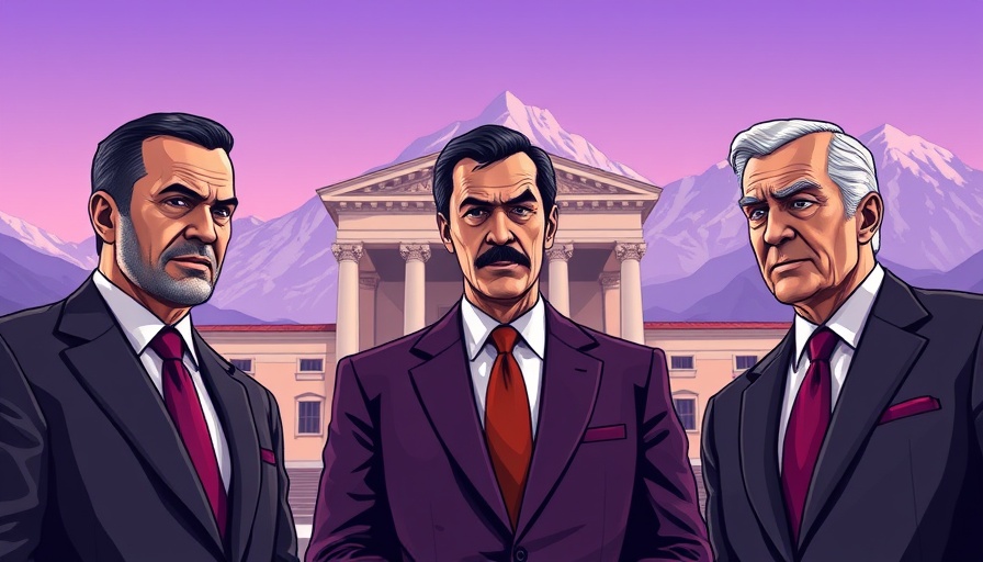 Future of Central Banking: Stylized discussion scene in front of neoclassical building.