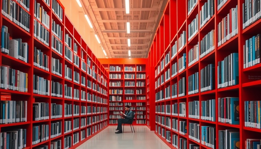 Modern library with red shelves, lone reader, decline of reading