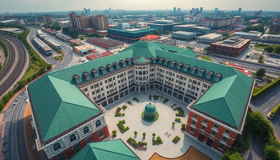 Aerial view of modern embassy plan in London, showcasing architectural transparency.