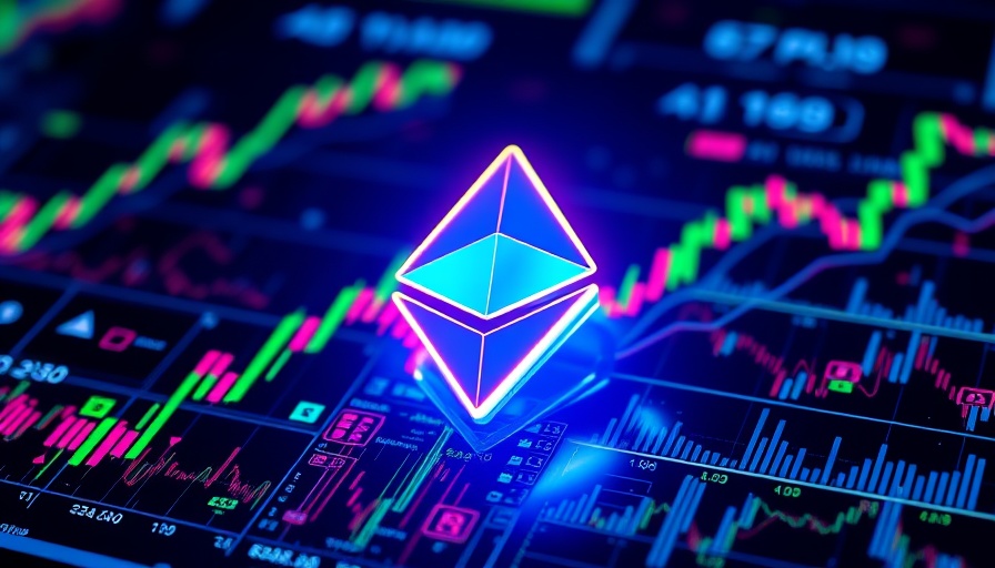 Futuristic 3D Ethereum symbol with digital charts, vibrant colors.
