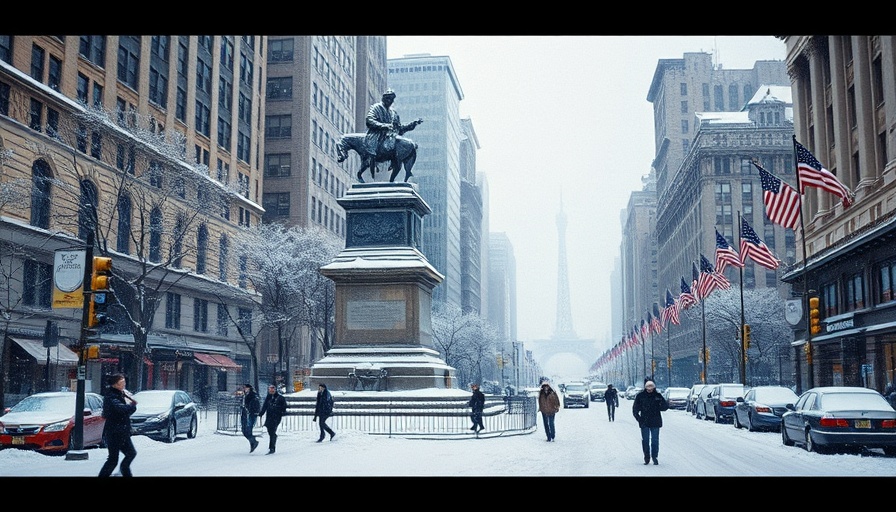 Snowy Wall Street scene with statue and U.S. flags, reflecting recession outlook.