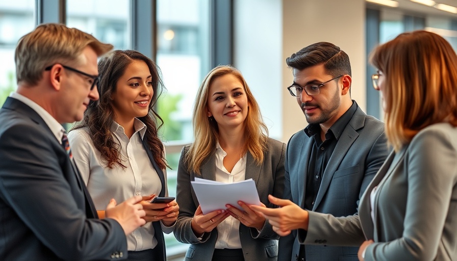 Diverse employees discussing share sales in modern office.