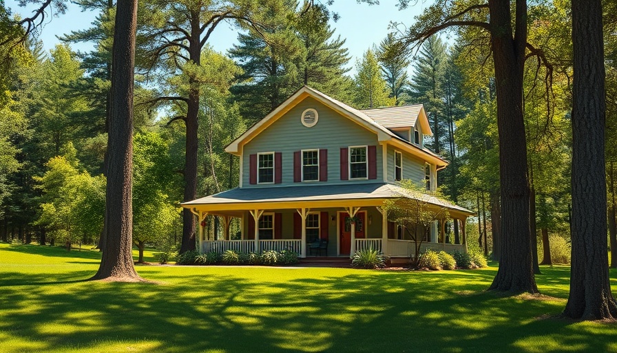 Charming home with wraparound porch in a lush setting.