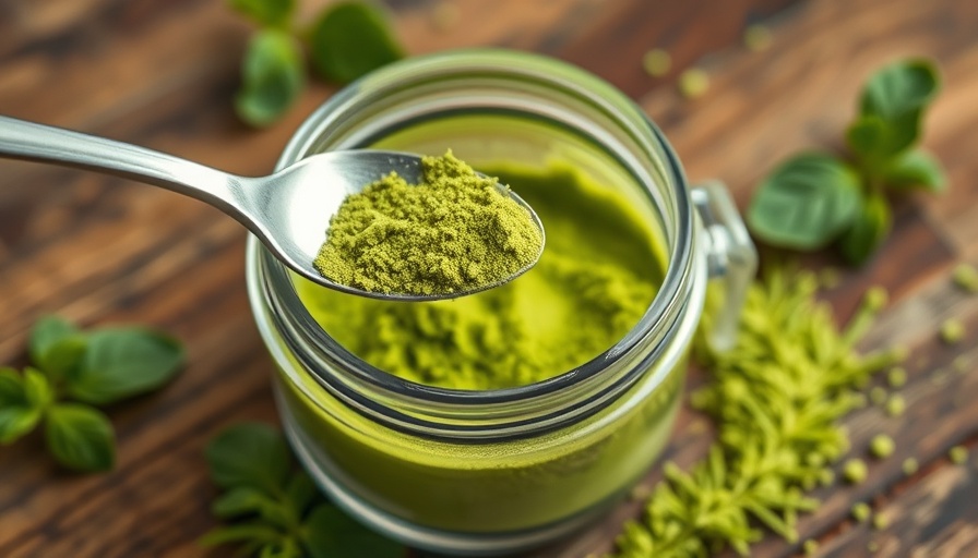 Green stevia powder in jar with spoon, rustic wooden background