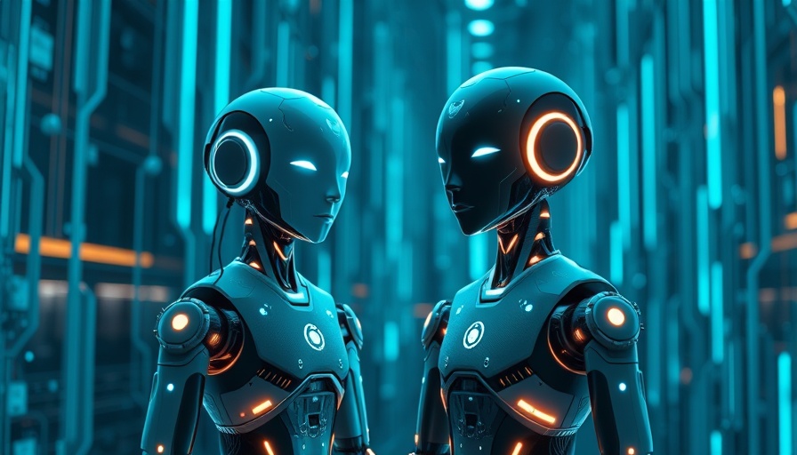 Futuristic AI entities forming a partnership in a digital space.