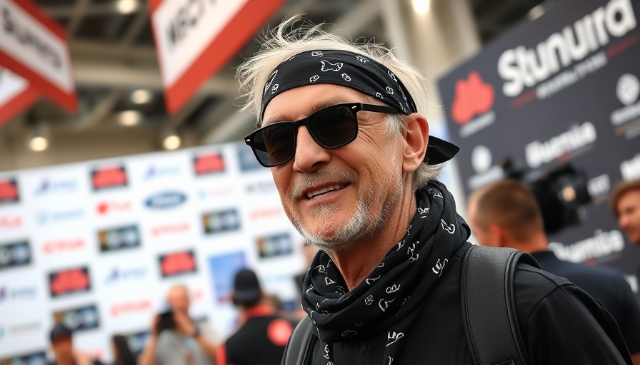 Older man at media event wearing black bandana.
