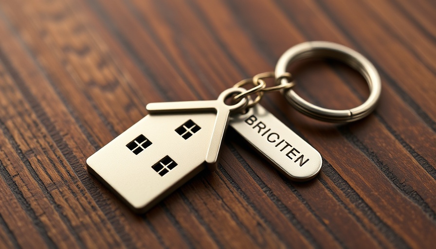DIY home projects keychain with house and key on wood.