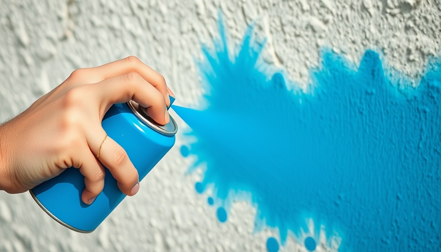 DIY home painting: hand spray painting a blue wall close-up.