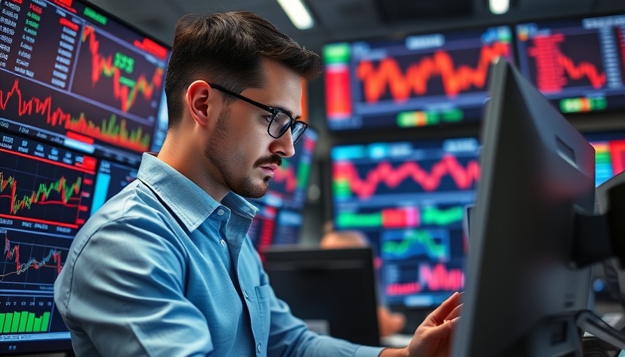 Stock trader analyzing charts, tech stocks sending a warning, multiple monitors.
