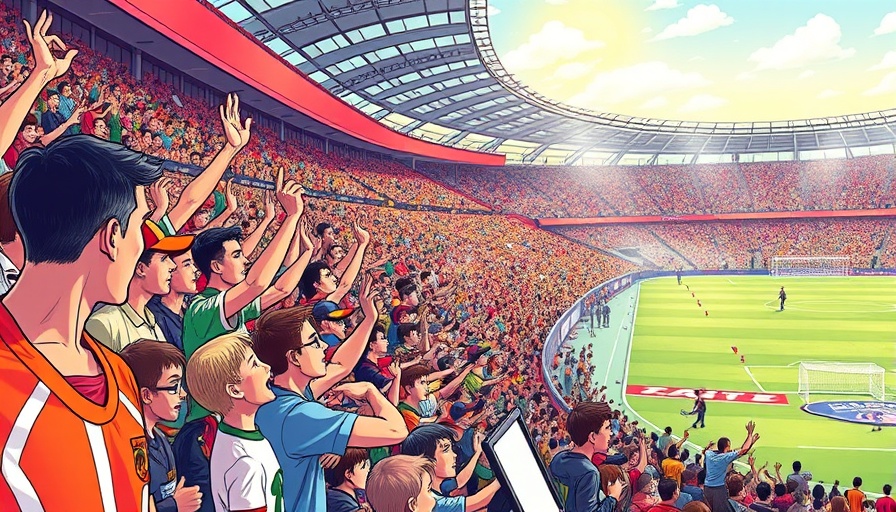 Lively crowd cheering at Premier League stadium, vibrant colors.