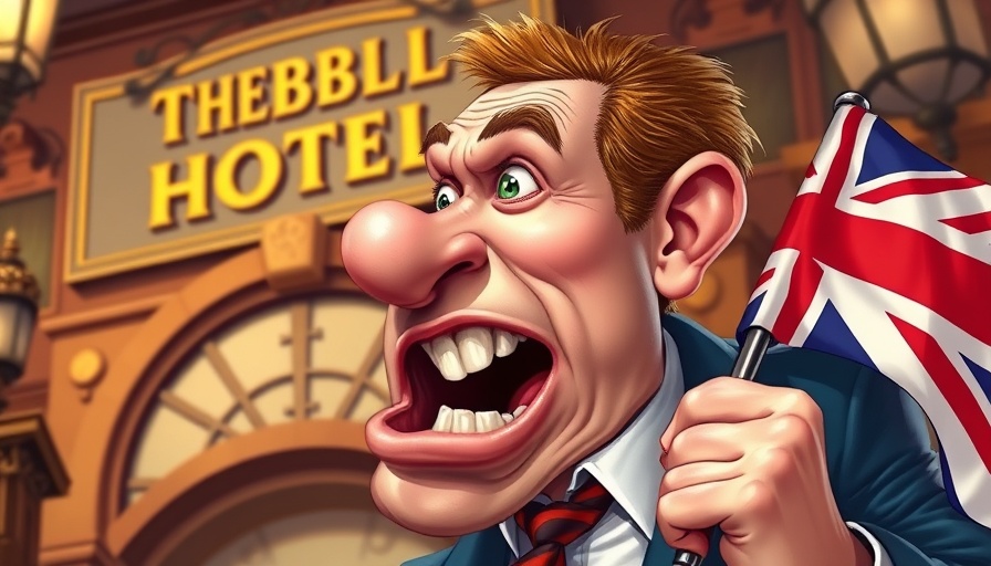 Cartoonish politician speaking with flag and hotel sign, Tory politics.