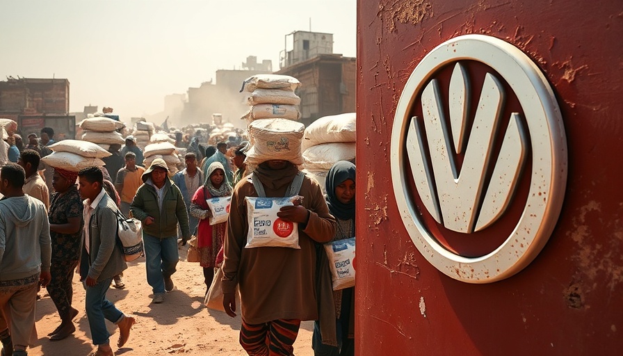Corporate logo with a humanitarian aid scene reflecting corporate social responsibility.