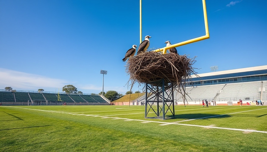 Football field with osprey nest delaying season.