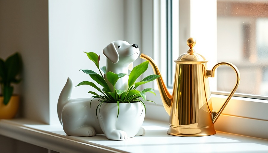 Charming ceramic dog planter and golden watering can on windowsill, apartment decor.