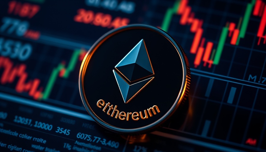 Futuristic Ethereum coin with financial data background.